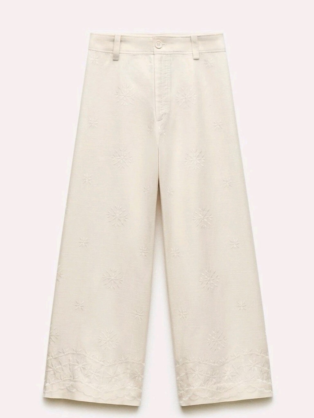 Zara Embroidered Linen Blend Crop Pants Cream Medium